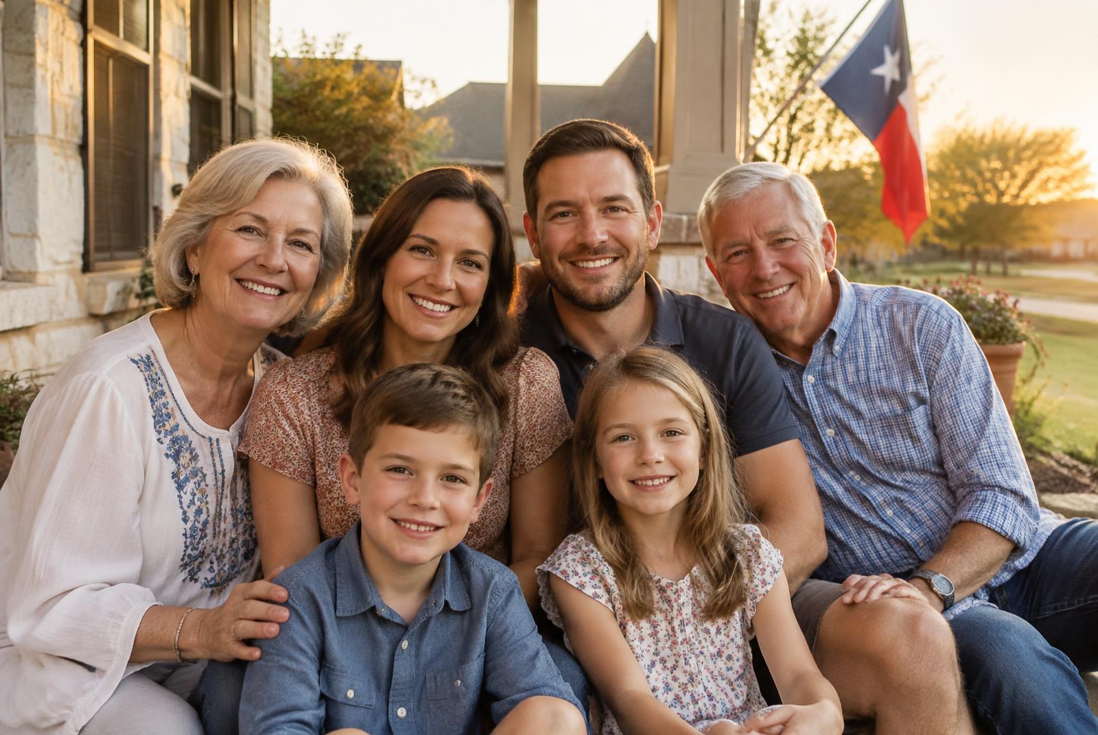A multigenerational family smiling together on a porch